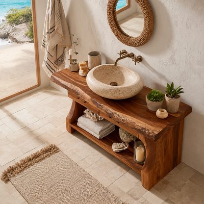 Live Edge Bathroom Vanity with Open Shelf in Natural Solid Wood - Livewoodcraft - 3