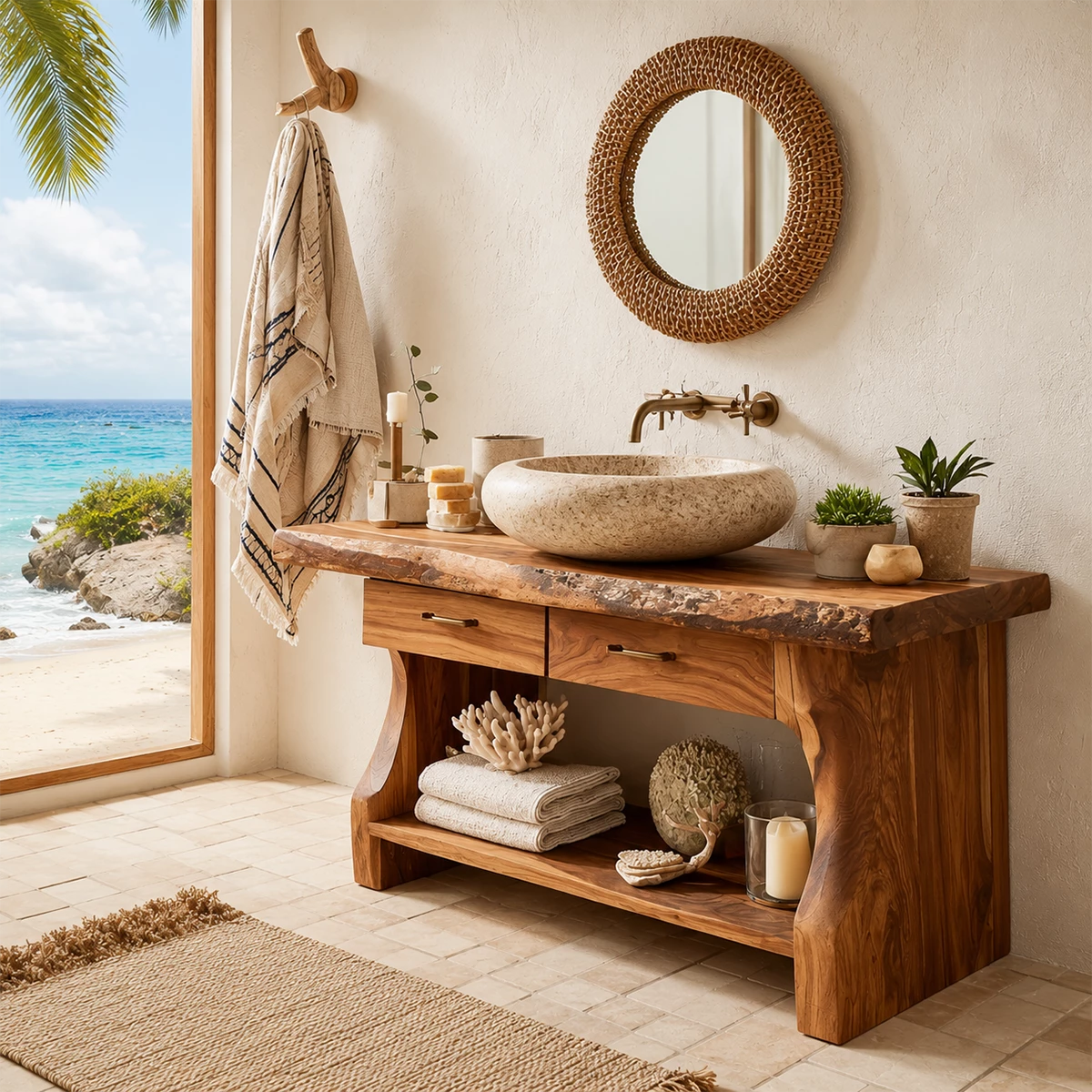 Live Edge Bathroom Vanity with Open Shelf in Natural Solid Wood - Livewoodcraft - 4