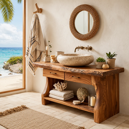 Live Edge Bathroom Vanity with Open Shelf in Natural Solid Wood - Livewoodcraft - 4