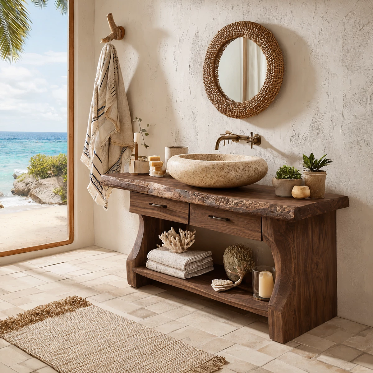 Live Edge Bathroom Vanity with Open Shelf in Natural Solid Wood - Livewoodcraft - 5