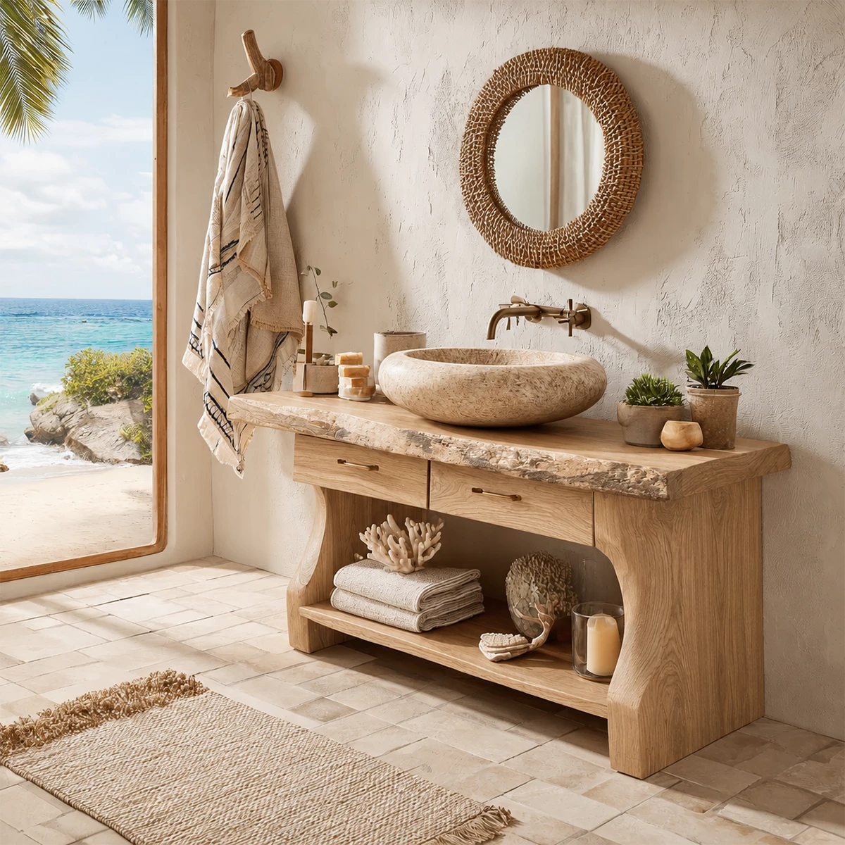 Live Edge Bathroom Vanity with Open Shelf in Natural Solid Wood - Livewoodcraft - 6