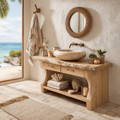Live Edge Bathroom Vanity with Open Shelf in Natural Solid Wood - Livewoodcraft - 6