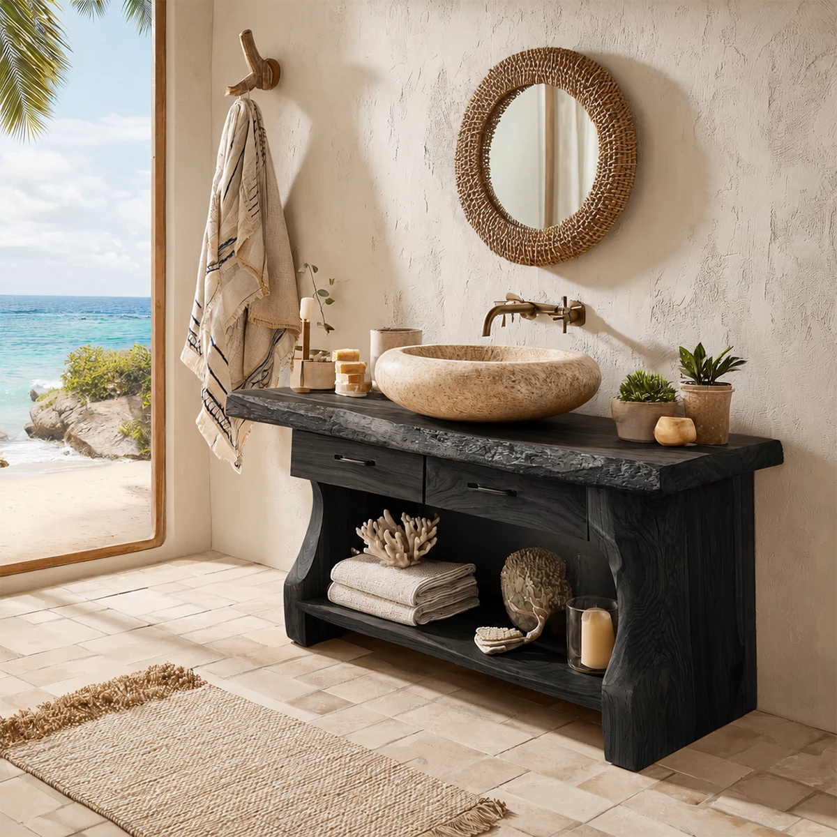 Live Edge Bathroom Vanity with Open Shelf in Natural Solid Wood - Livewoodcraft - 7