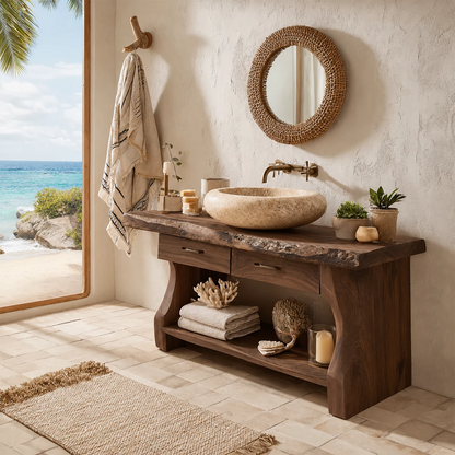 Live Edge Bathroom Vanity with Open Shelf in Natural Solid Wood - Livewoodcraft - 8