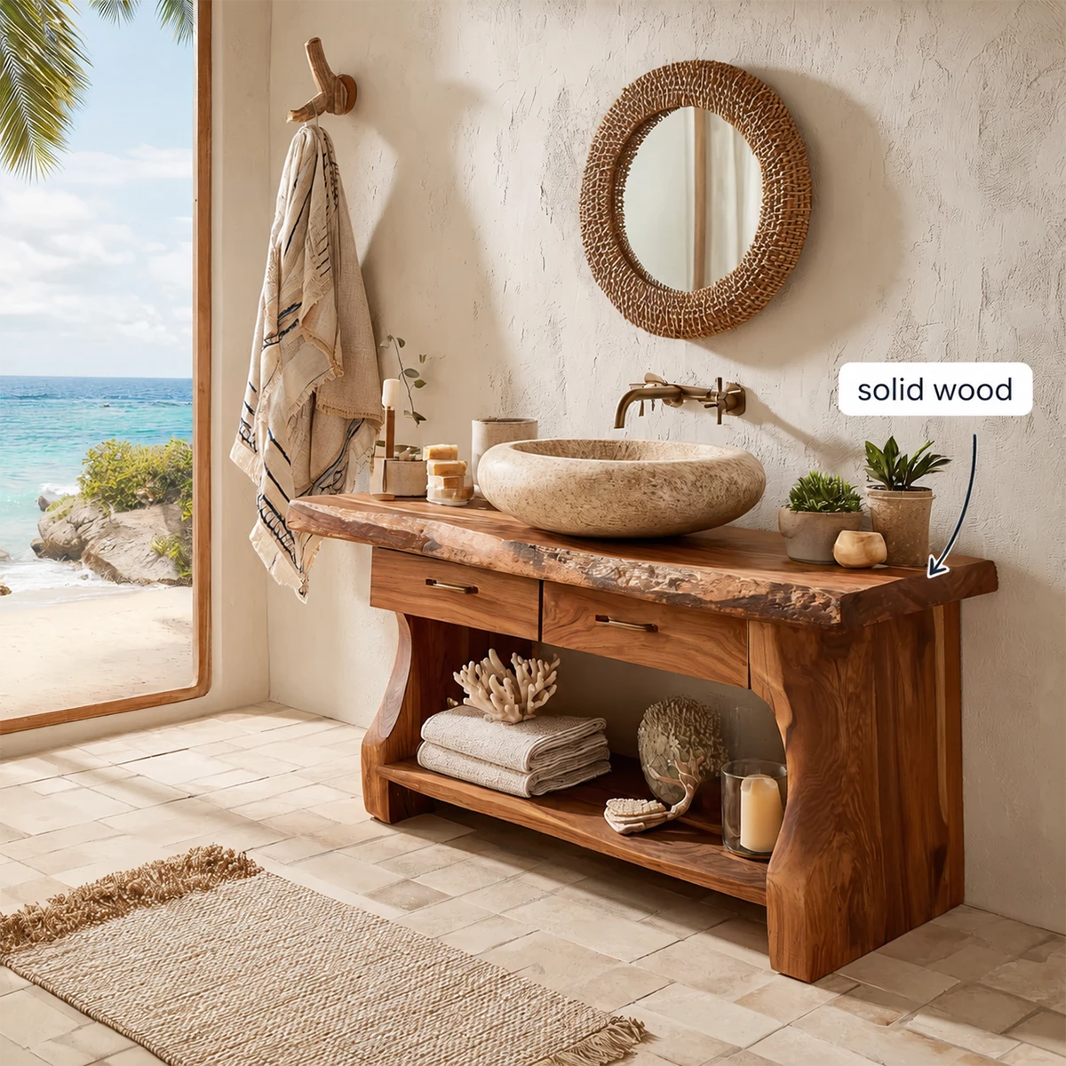 Live Edge Bathroom Vanity with Open Shelf in Natural Solid Wood - Livewoodcraft - 9