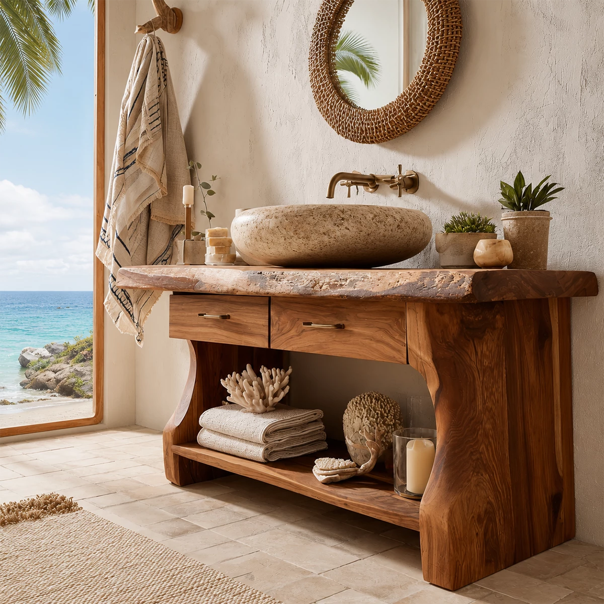 Live Edge Bathroom Vanity with Open Shelf in Natural Solid Wood - Livewoodcraft