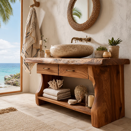 Live Edge Bathroom Vanity with Open Shelf in Natural Solid Wood - Livewoodcraft