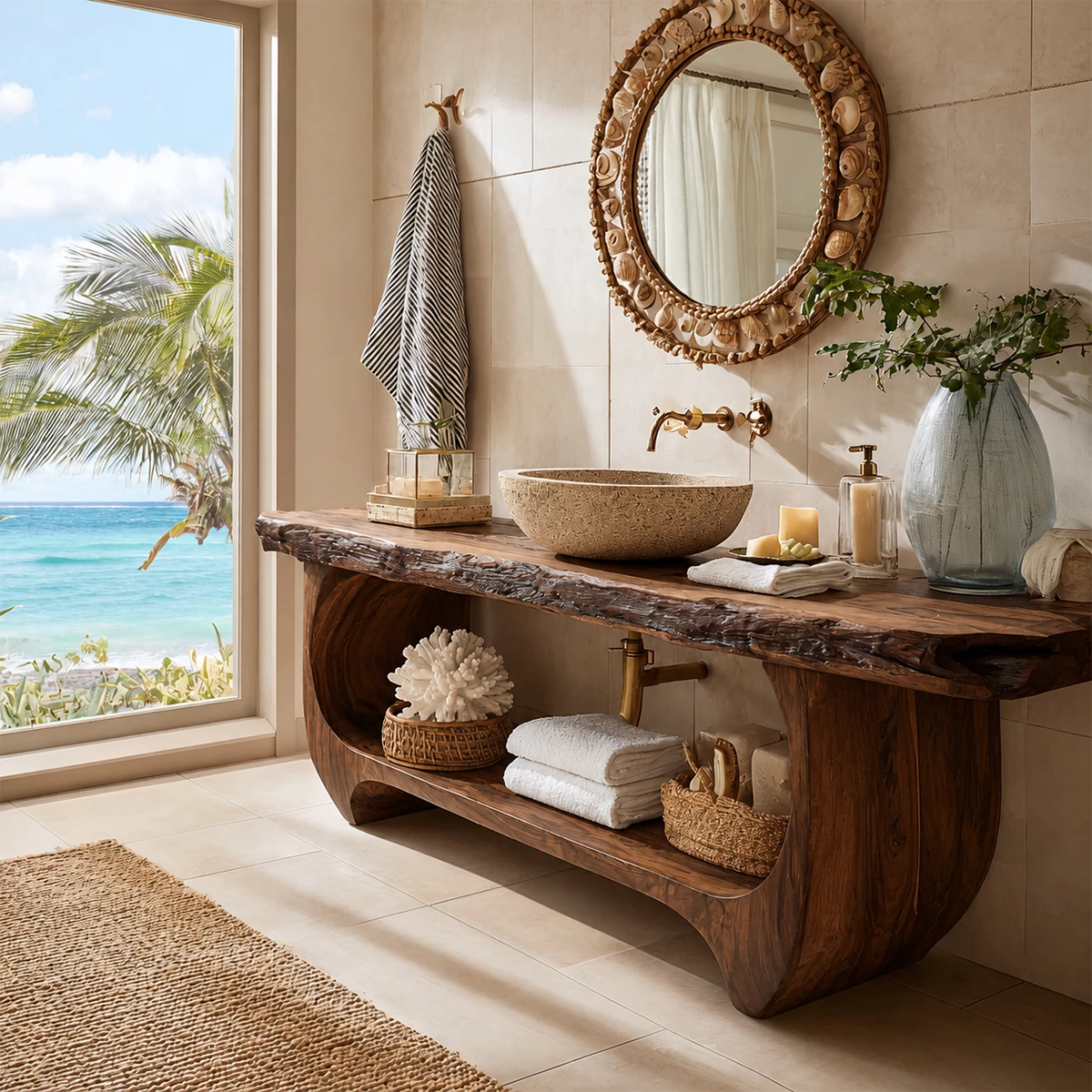 Live Edge Bathroom Vanity with Sculptural Open Shelf in Natural Solid Wood - Livewoodcraft - 2