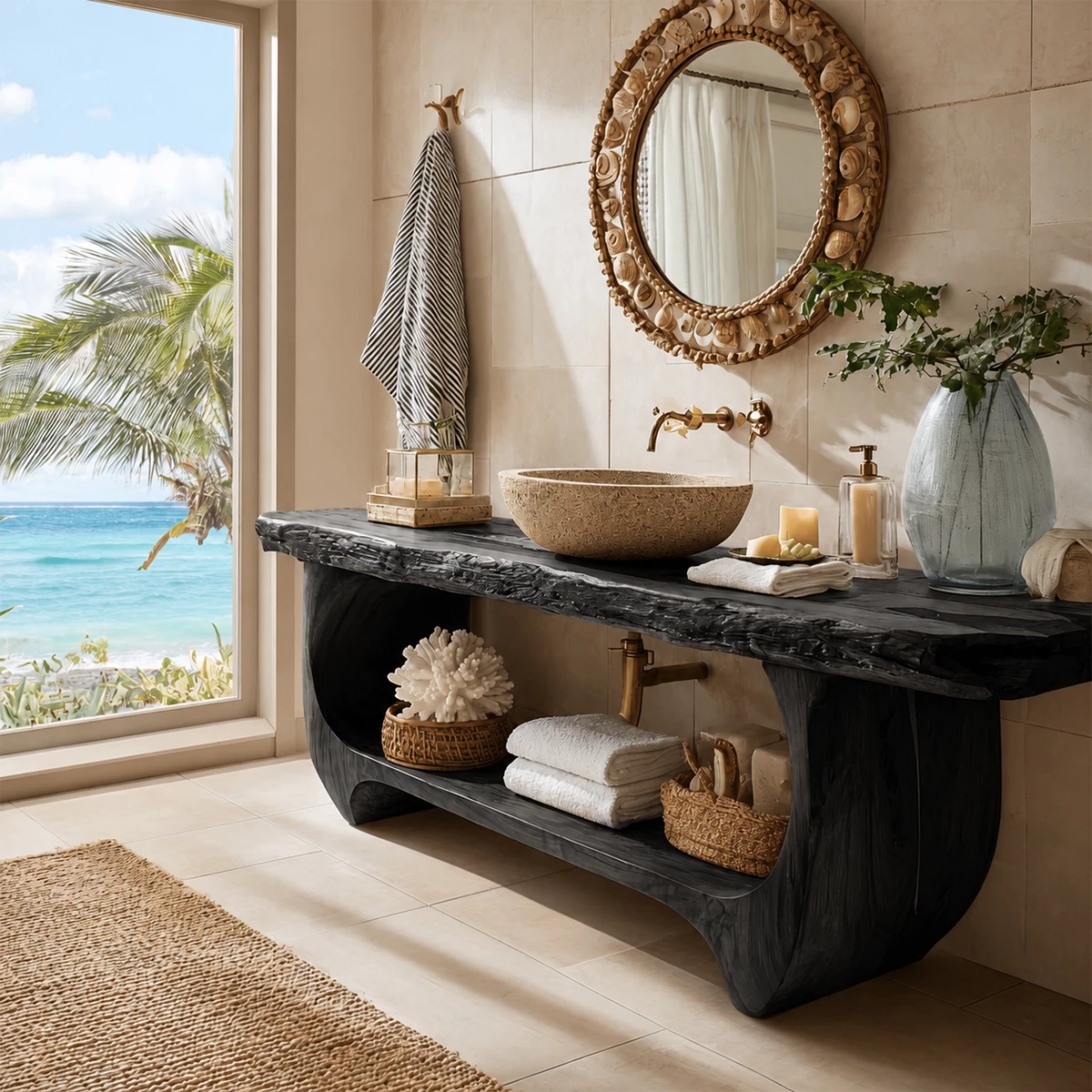 Live Edge Bathroom Vanity with Sculptural Open Shelf in Natural Solid Wood - Livewoodcraft - 3