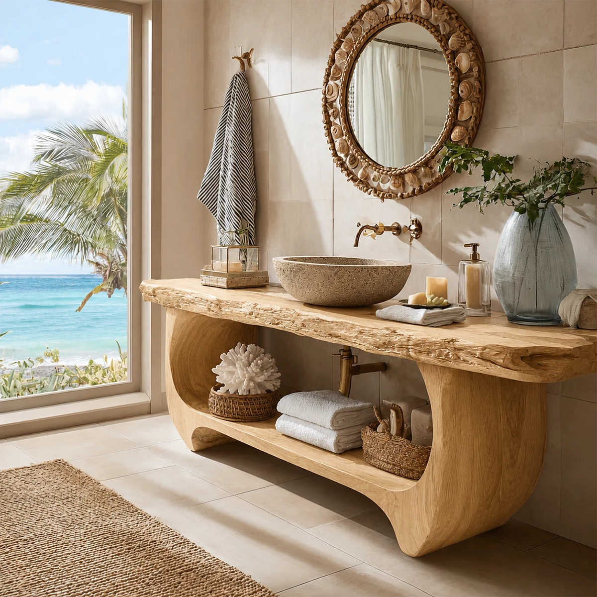 Live Edge Bathroom Vanity with Sculptural Open Shelf in Natural Solid Wood - Livewoodcraft - 4
