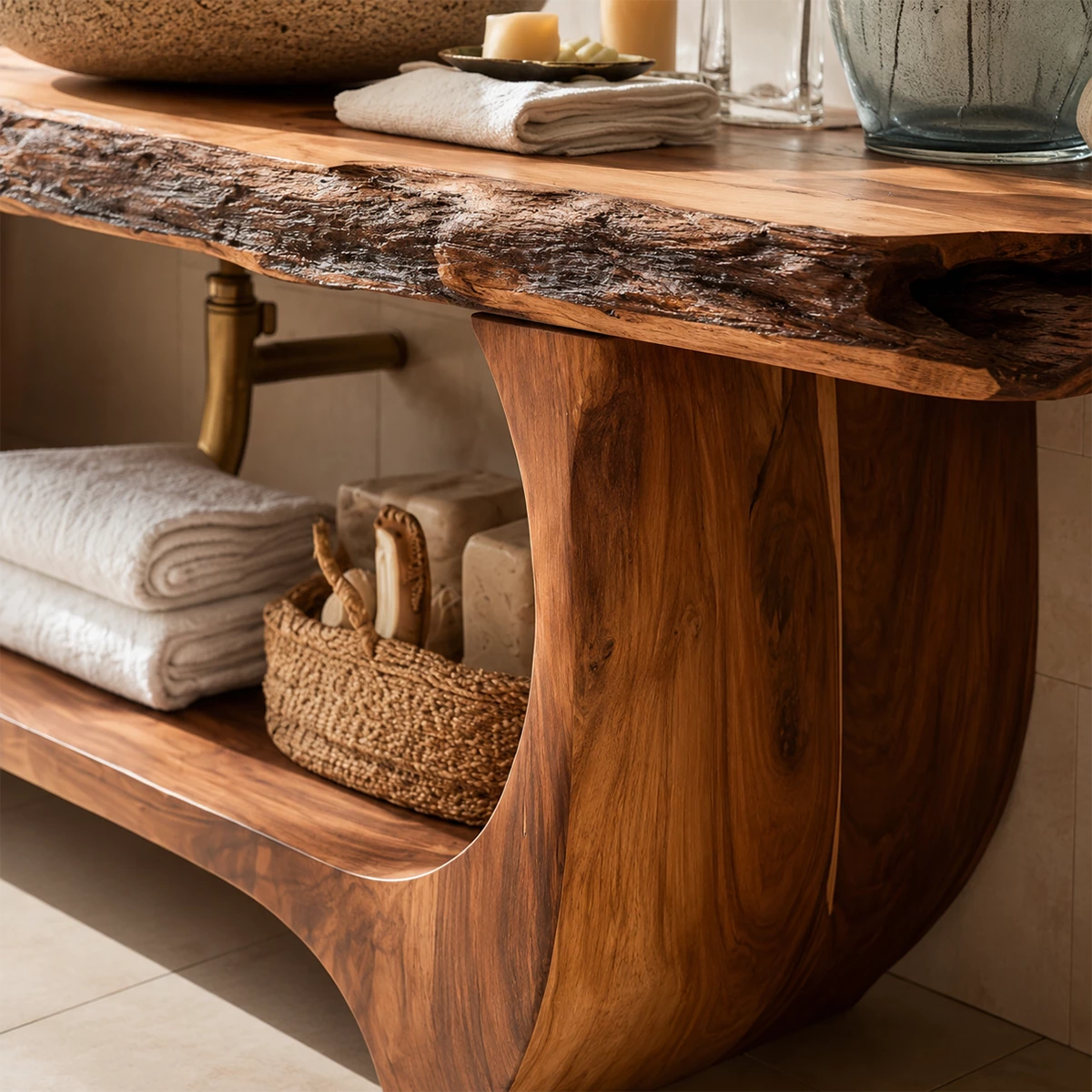 Live Edge Bathroom Vanity with Sculptural Open Shelf in Natural Solid Wood - Livewoodcraft - 5