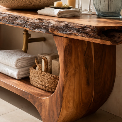 Live Edge Bathroom Vanity with Sculptural Open Shelf in Natural Solid Wood - Livewoodcraft - 5