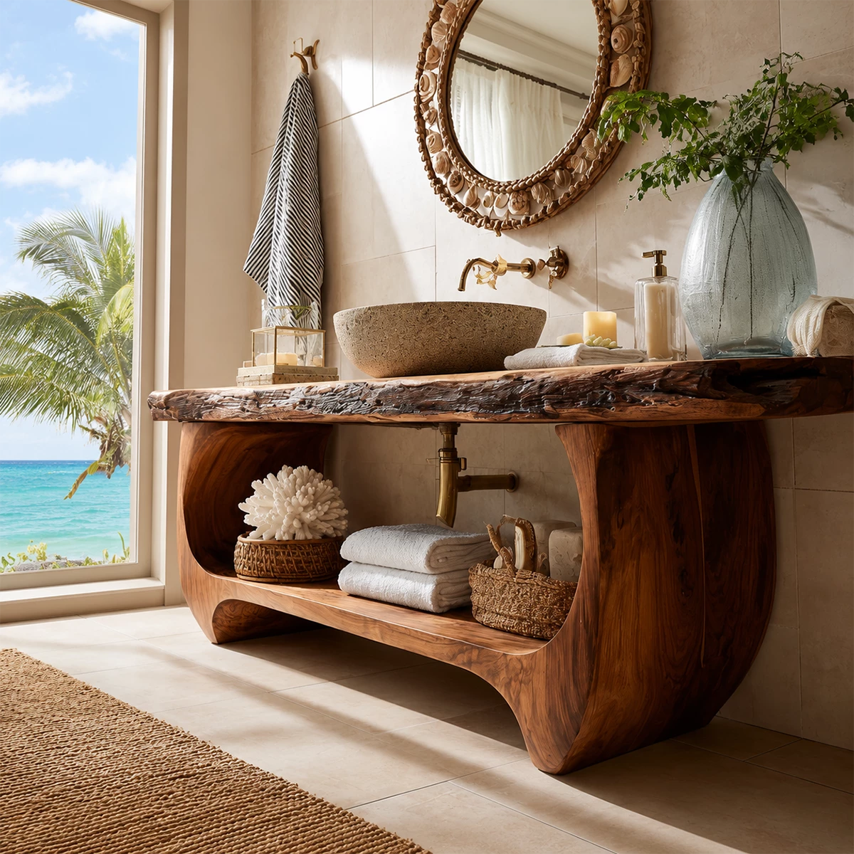 Live Edge Bathroom Vanity with Sculptural Open Shelf in Natural Solid Wood - Livewoodcraft - 6