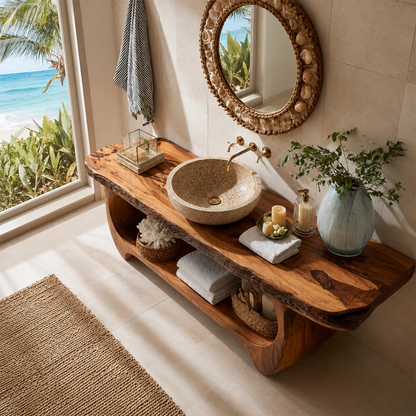 Live Edge Bathroom Vanity with Sculptural Open Shelf in Natural Solid Wood - Livewoodcraft - 7