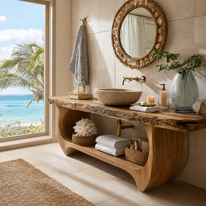 Live Edge Bathroom Vanity with Sculptural Open Shelf in Natural Solid Wood - Livewoodcraft - 8