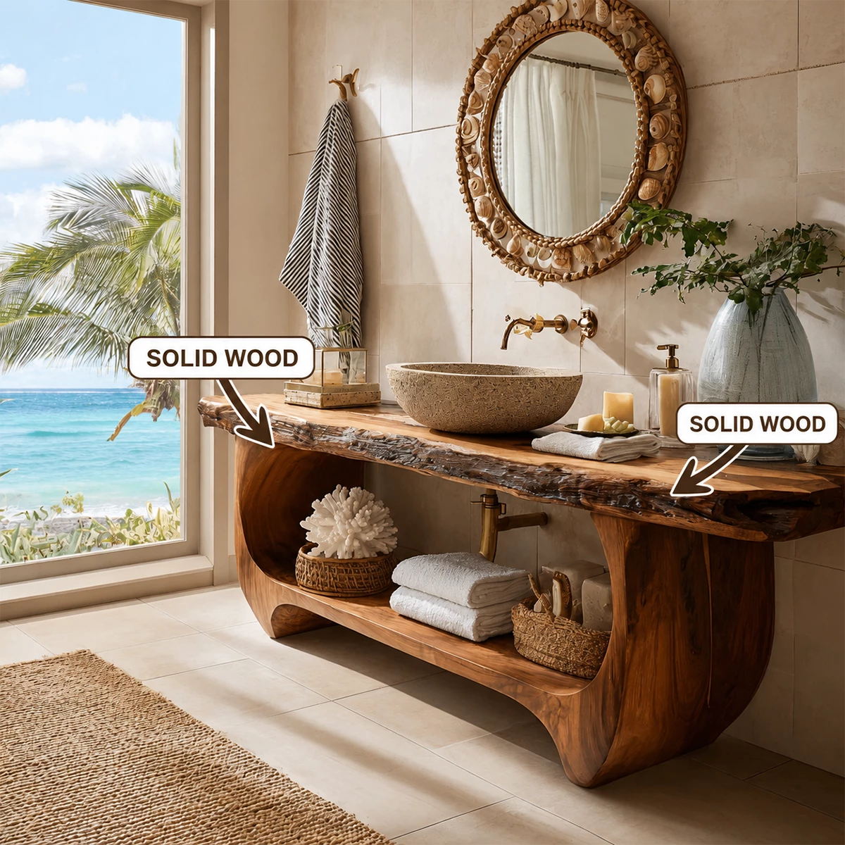 Live Edge Bathroom Vanity with Sculptural Open Shelf in Natural Solid Wood - Livewoodcraft - 9