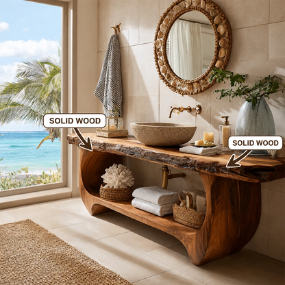 Live Edge Bathroom Vanity with Sculptural Open Shelf in Natural Solid Wood - Livewoodcraft - 9