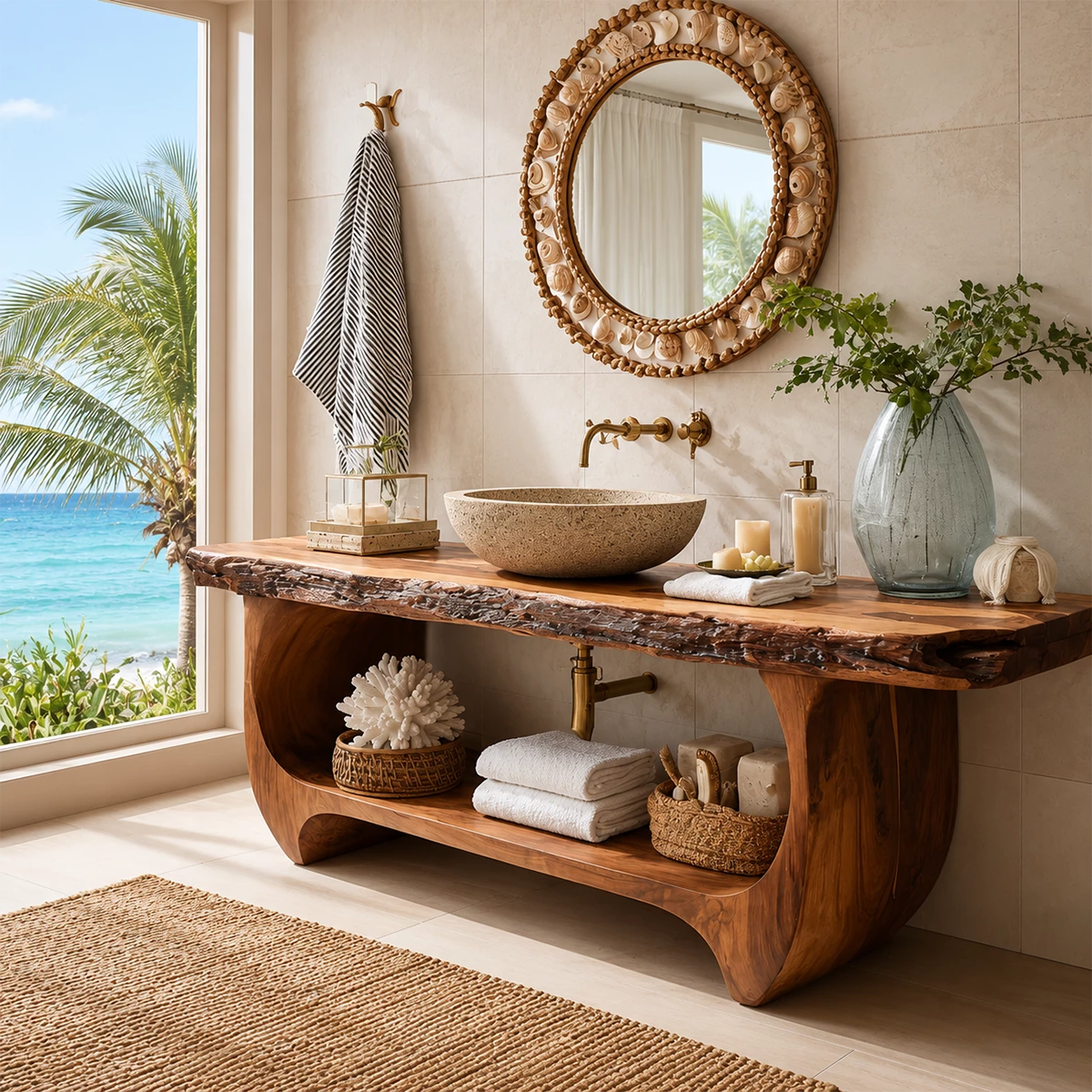 Live Edge Bathroom Vanity with Sculptural Open Shelf in Natural Solid Wood - Livewoodcraft