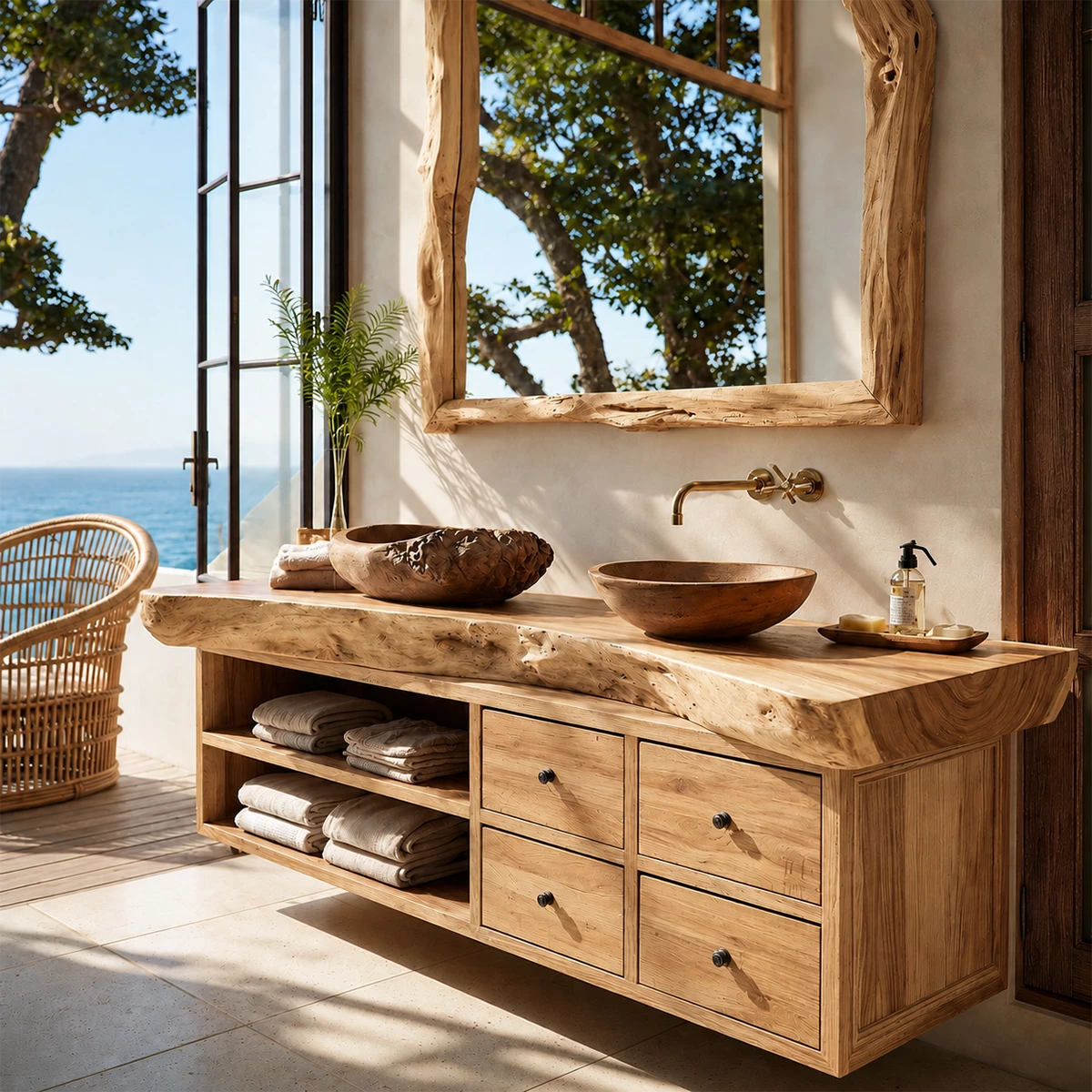 Live Edge Double Sink Bathroom Vanity With Solid Wood Storage & Mirror - Livewoodcraft - 4