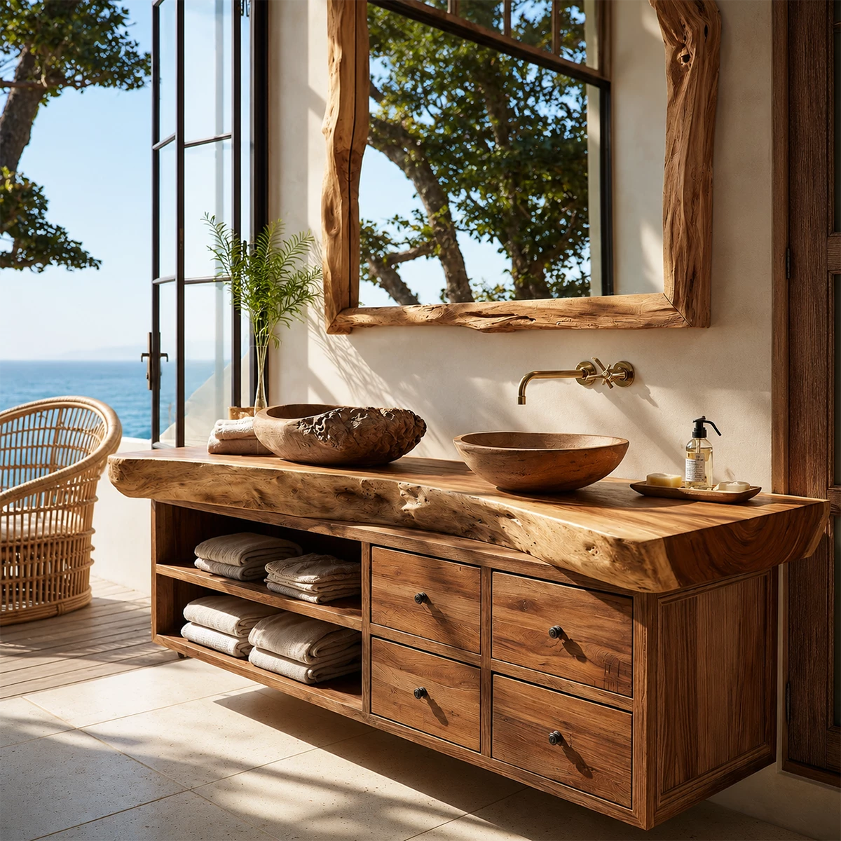 Live Edge Double Sink Bathroom Vanity With Solid Wood Storage & Mirror - Livewoodcraft - 5