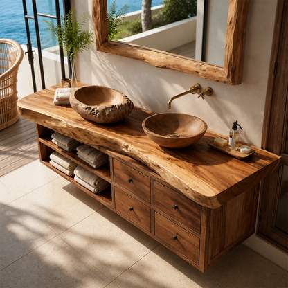 Live Edge Double Sink Bathroom Vanity With Solid Wood Storage & Mirror - Livewoodcraft - 7