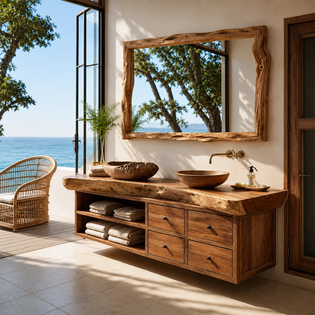 Live Edge Double Sink Bathroom Vanity With Solid Wood Storage & Mirror - Livewoodcraft - 9