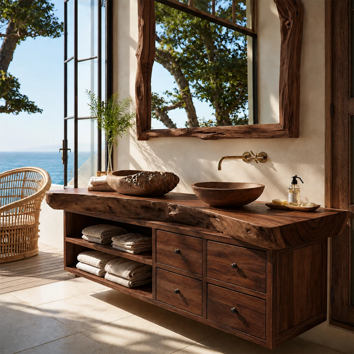 Live Edge Double Sink Bathroom Vanity With Solid Wood Storage & Mirror - Livewoodcraft