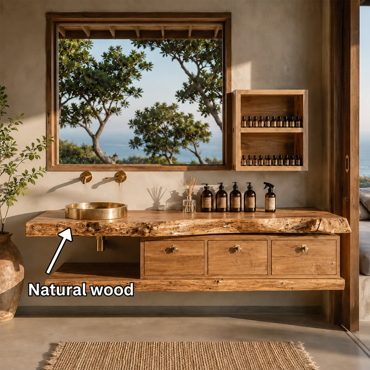 Live Edge Floating Bathroom Vanity With Solid Wood Drawers & Open Shelf - Livewoodcraft - 11