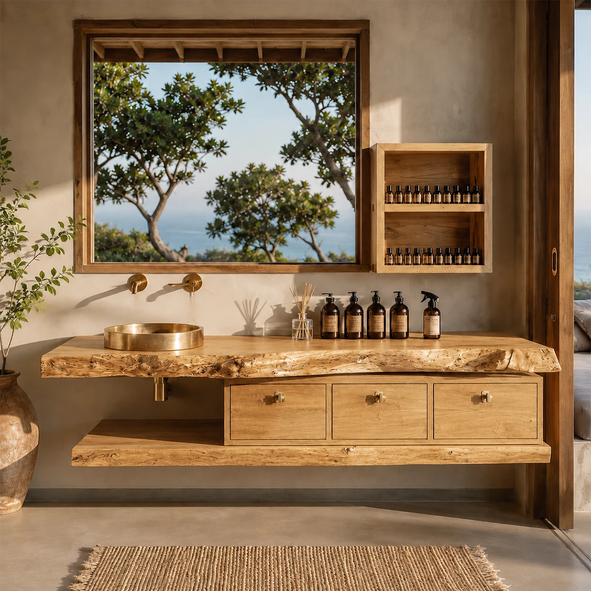 Live Edge Floating Bathroom Vanity With Solid Wood Drawers & Open Shelf - Livewoodcraft - 2