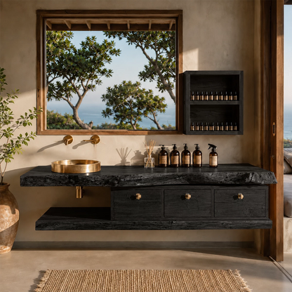 Live Edge Floating Bathroom Vanity With Solid Wood Drawers & Open Shelf - Livewoodcraft - 3
