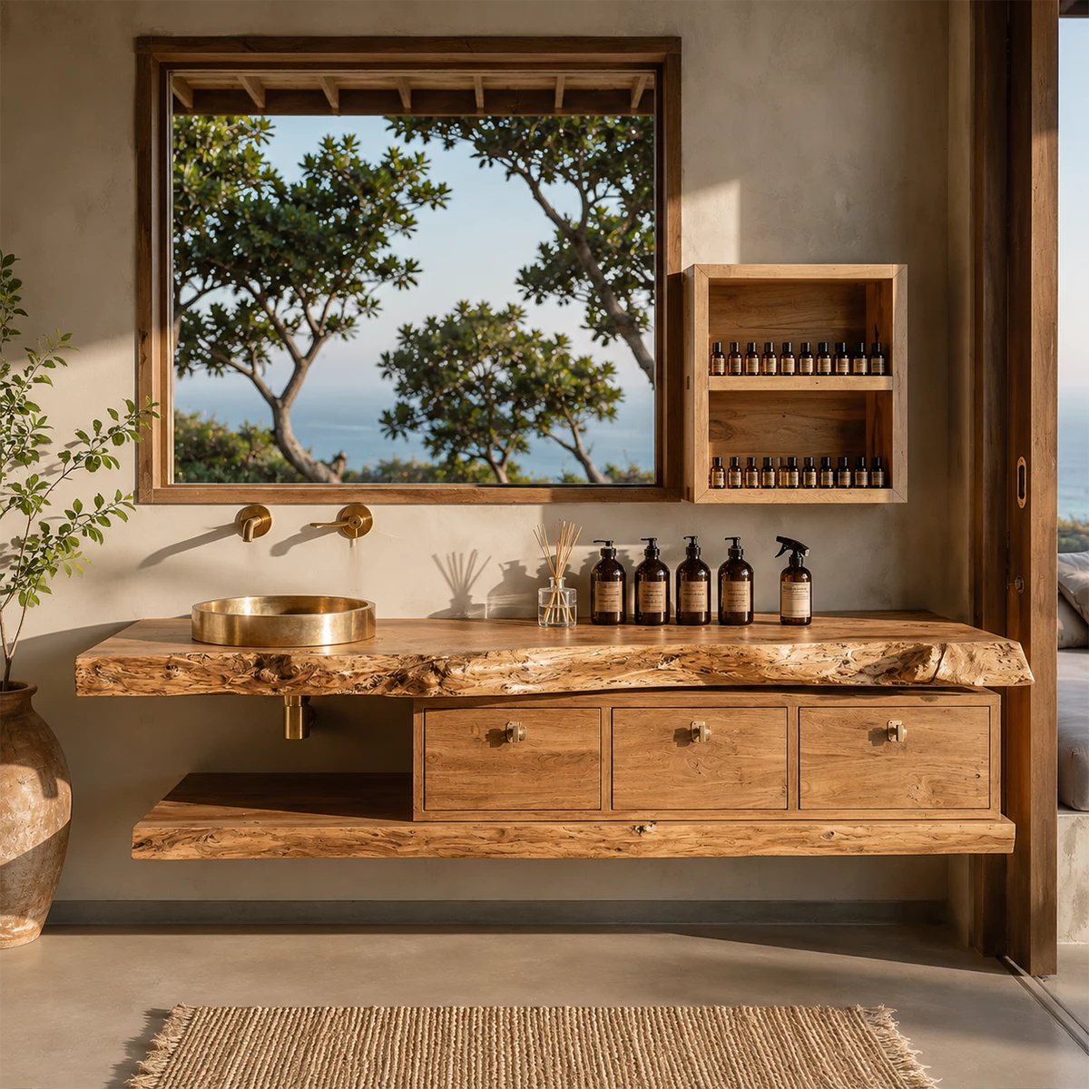 Live Edge Floating Bathroom Vanity With Solid Wood Drawers & Open Shelf - Livewoodcraft - 5