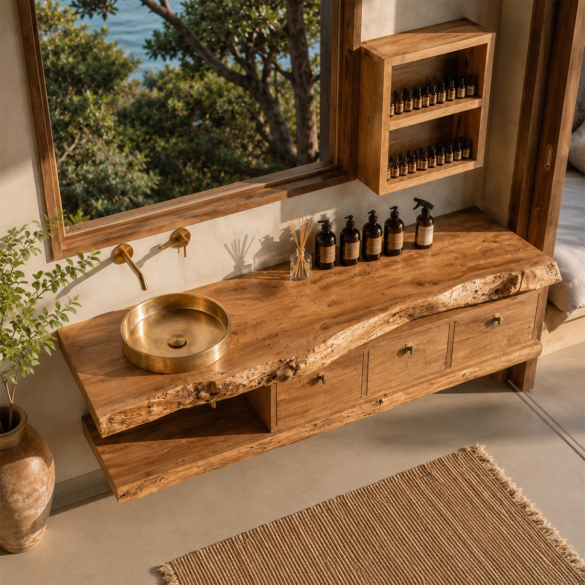 Live Edge Floating Bathroom Vanity With Solid Wood Drawers & Open Shelf - Livewoodcraft - 7