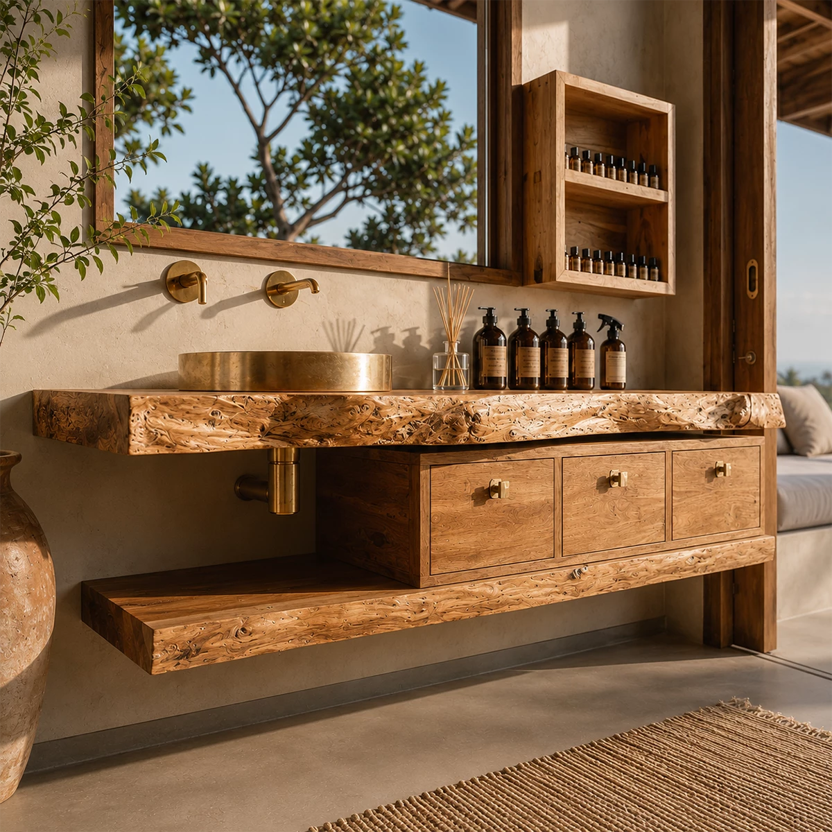 Live Edge Floating Bathroom Vanity With Solid Wood Drawers & Open Shelf - Livewoodcraft - 8
