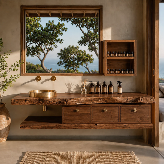 Live Edge Floating Bathroom Vanity With Solid Wood Drawers & Open Shelf - Livewoodcraft