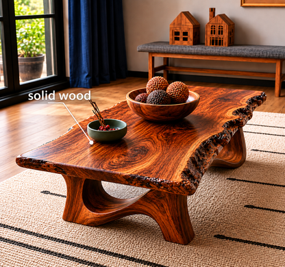 Live Edge Natural Solid Wood Coffee Table with Sculptural Base - Livewoodcraft - 2