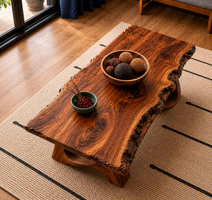 Live Edge Natural Solid Wood Coffee Table with Sculptural Base - Livewoodcraft - 6