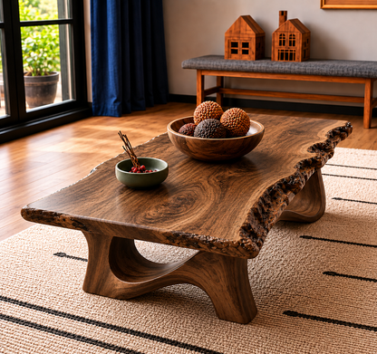 Live Edge Natural Solid Wood Coffee Table with Sculptural Base - Livewoodcraft - 7