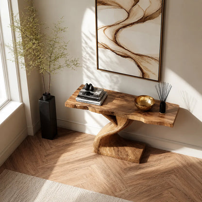 Live Edge Natural Solid Wood Console Table with Sculptural Base - Livewoodcraft - 7