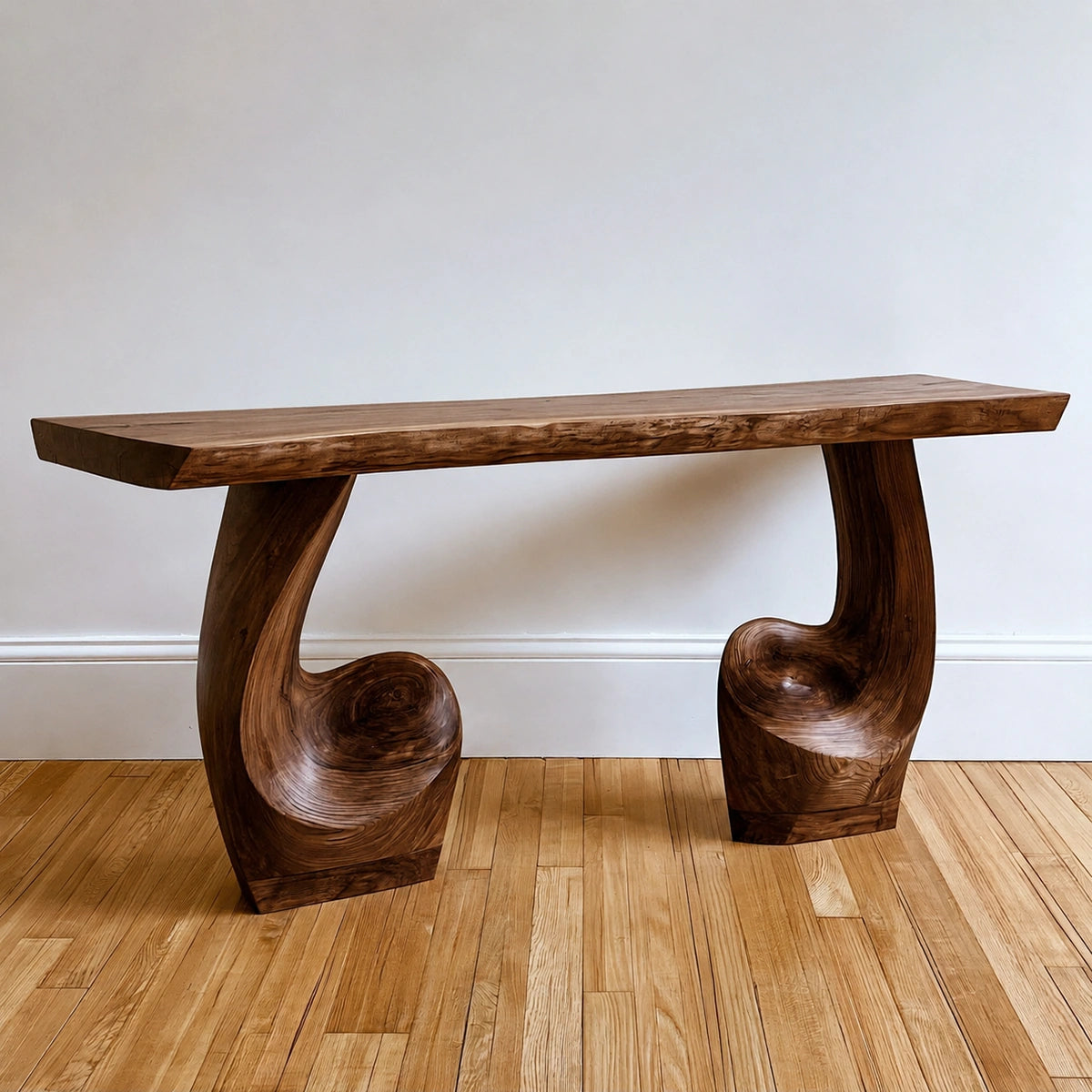 Live Edge Natural Solid Wood Console Table with Sculptural Carved Pedestal Base - Livewoodcraft - 2