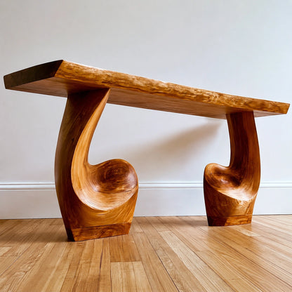 Live Edge Natural Solid Wood Console Table with Sculptural Carved Pedestal Base - Livewoodcraft - 6