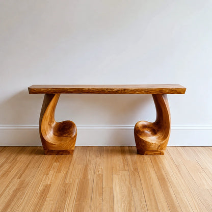 Live Edge Natural Solid Wood Console Table with Sculptural Carved Pedestal Base - Livewoodcraft - 7