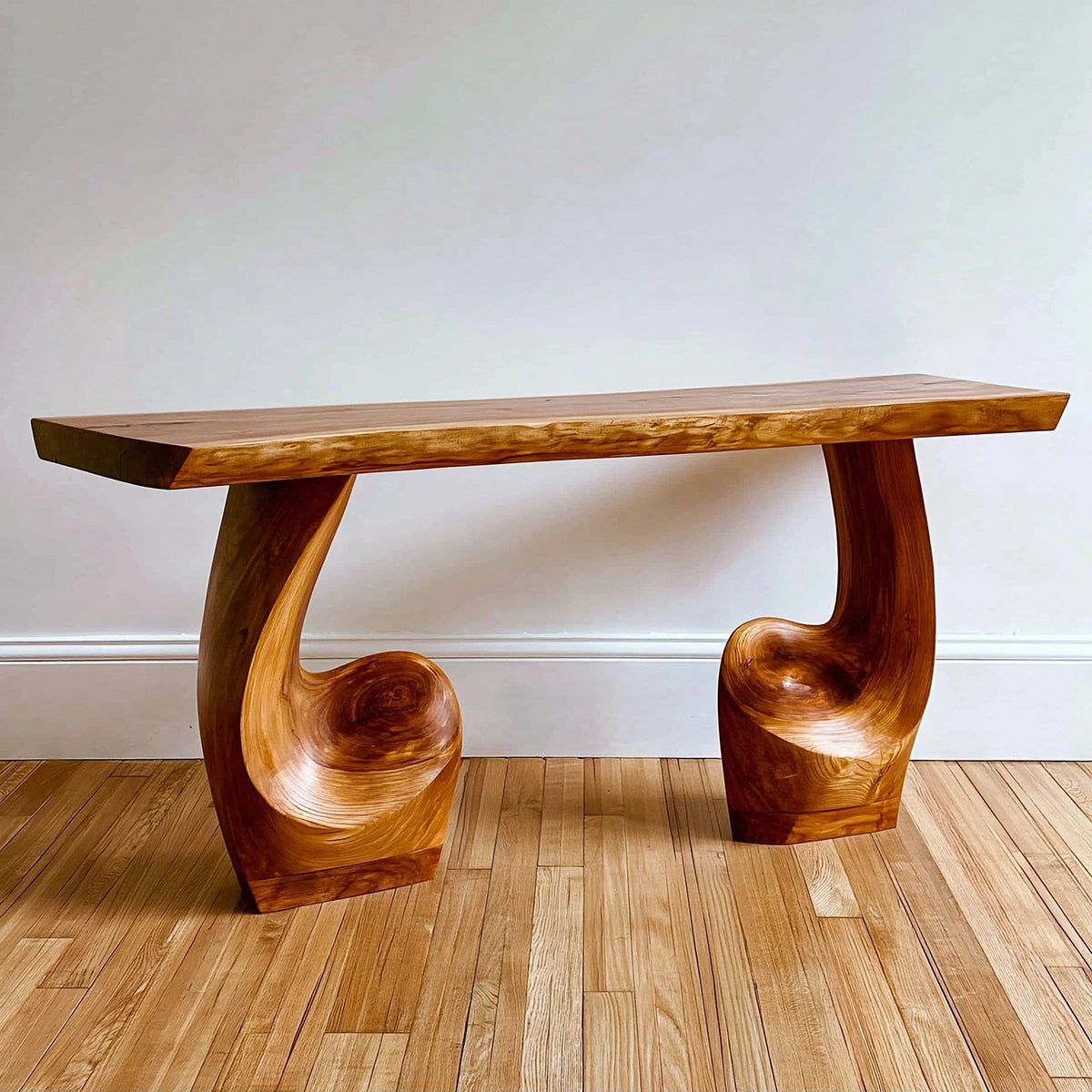 Live Edge Natural Solid Wood Console Table with Sculptural Carved Pedestal Base - Livewoodcraft