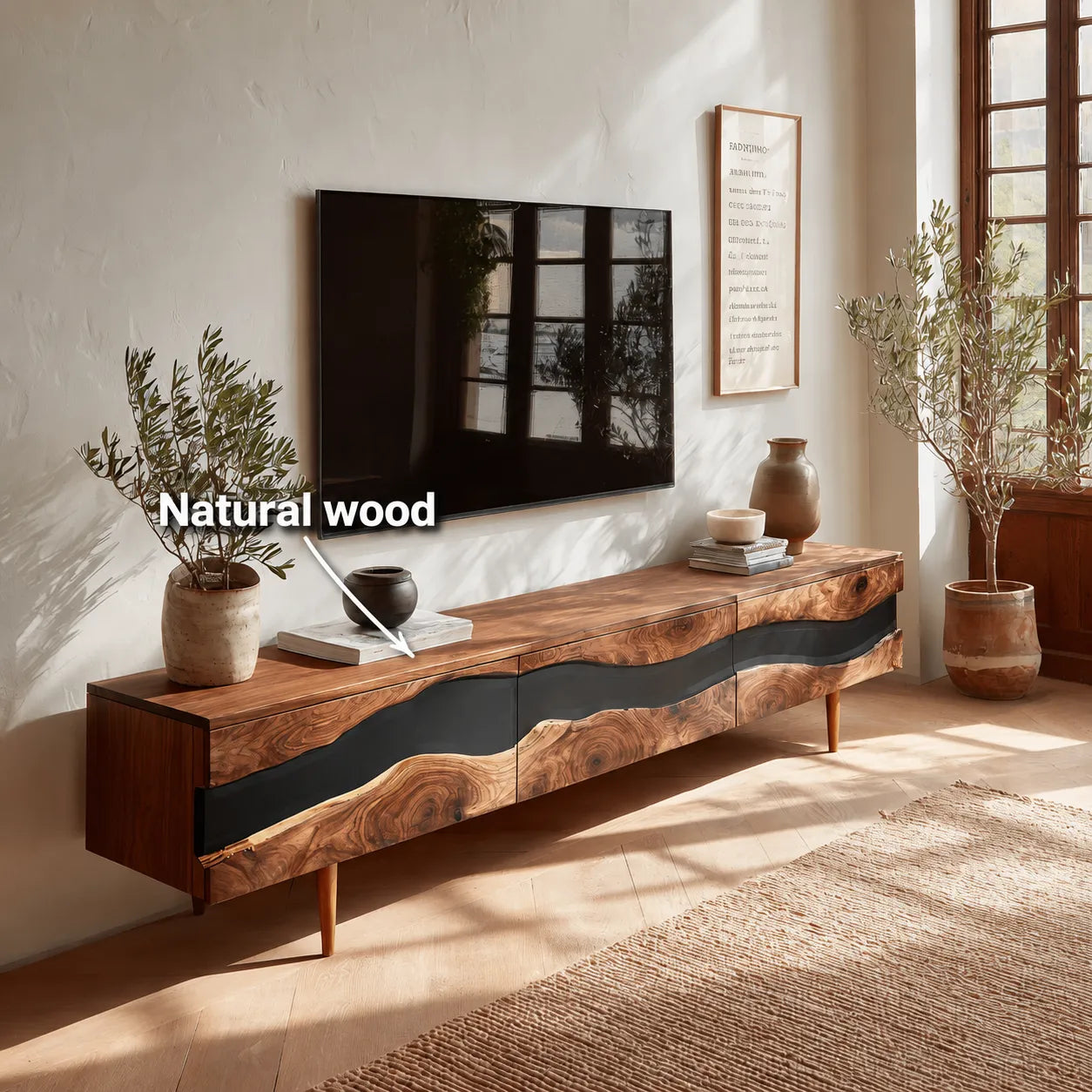 Live Edge Natural Solid Wood TV Stand with Organic Flow Front Design - Livewoodcraft - 11