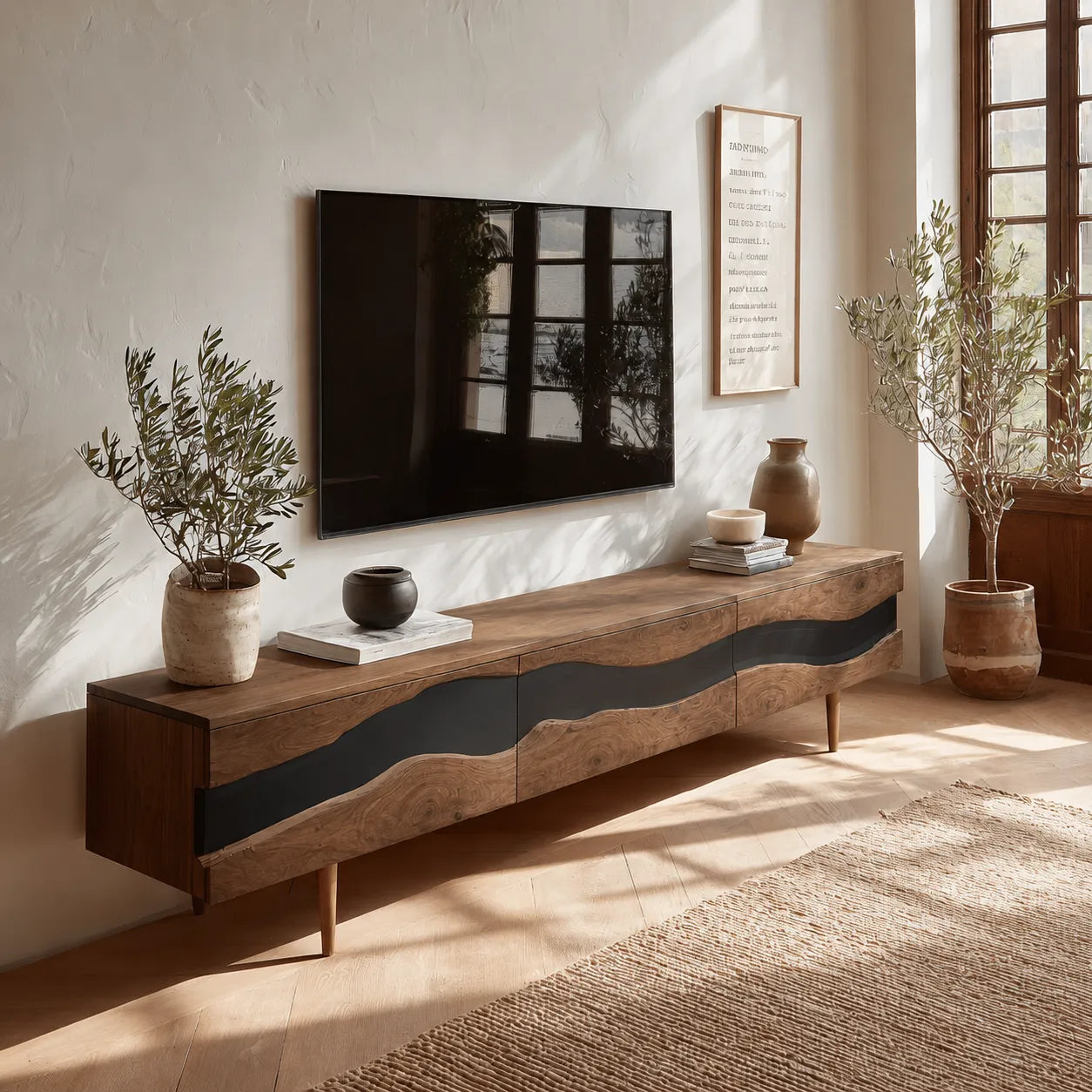 Live Edge Natural Solid Wood TV Stand with Organic Flow Front Design - Livewoodcraft - 2