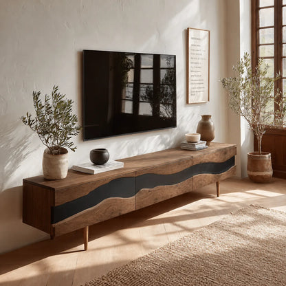 Live Edge Natural Solid Wood TV Stand with Organic Flow Front Design - Livewoodcraft - 2