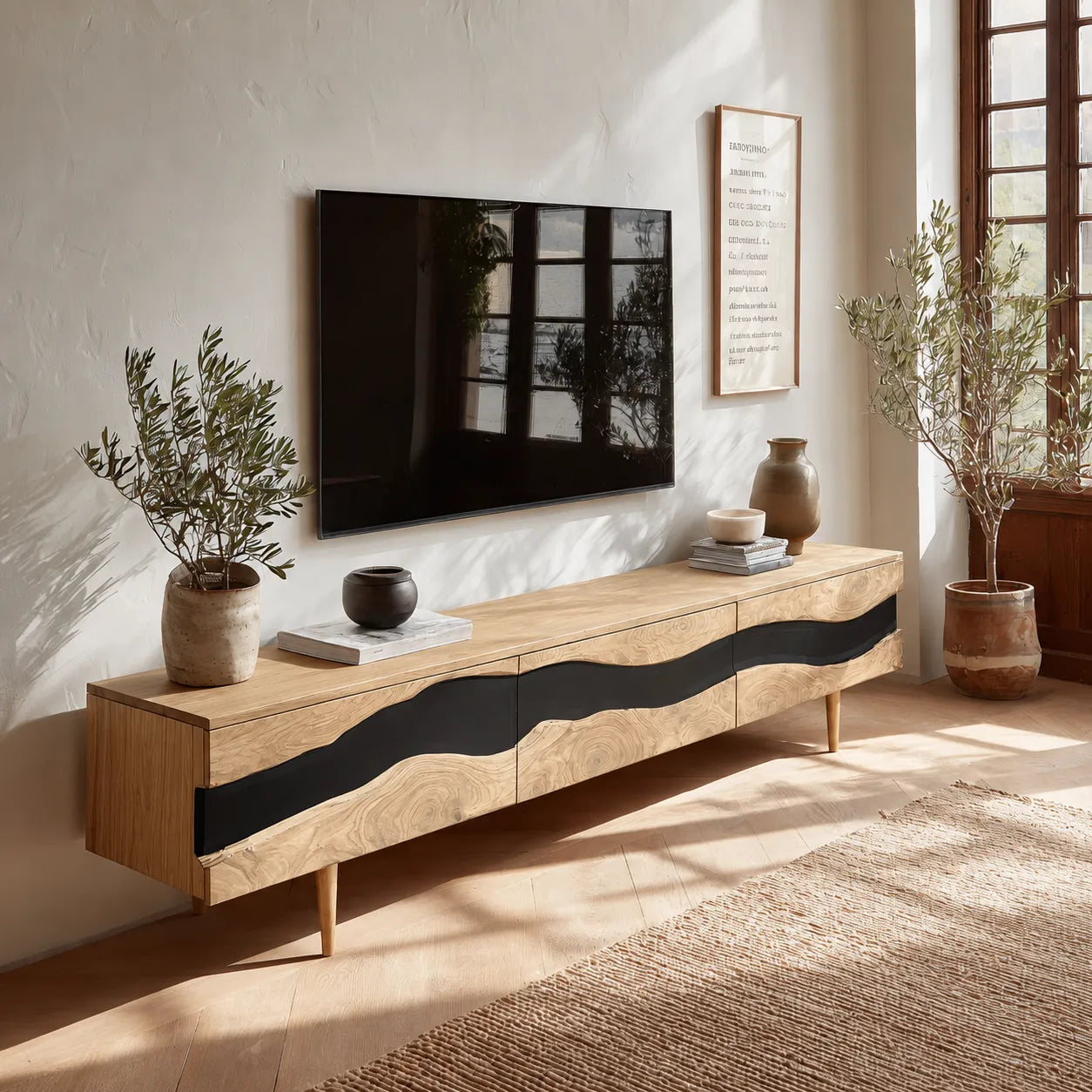 Live Edge Natural Solid Wood TV Stand with Organic Flow Front Design - Livewoodcraft - 3