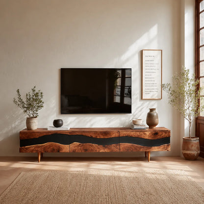 Live Edge Natural Solid Wood TV Stand with Organic Flow Front Design - Livewoodcraft - 5