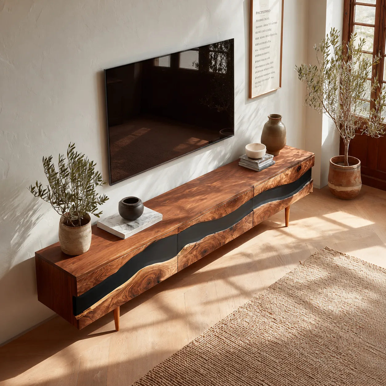 Live Edge Natural Solid Wood TV Stand with Organic Flow Front Design - Livewoodcraft - 6