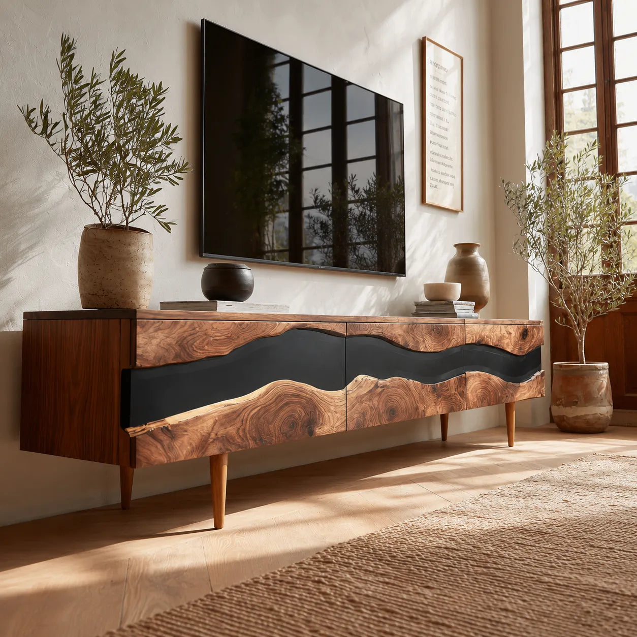 Live Edge Natural Solid Wood TV Stand with Organic Flow Front Design - Livewoodcraft - 9
