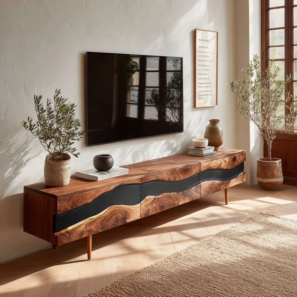 Live Edge Natural Solid Wood TV Stand with Organic Flow Front Design - Livewoodcraft